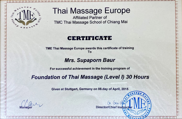 Thai Massage Europe Zertifikat